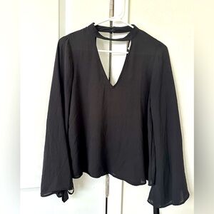 Lush Black Long Sleeve Tie Bell Sleeve Blouse